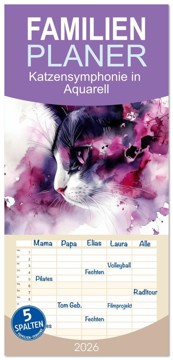 Familienplaner 2026 - Katzensymphonie in Aquarell mit 5 Spalten (Wandkalender, 21 x 45 cm) CALVENDO: Samtene Pfoten in Aquarell (CALVENDO Tiere) Living & Furnishing
