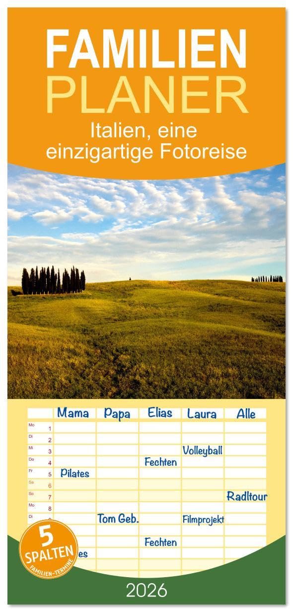 Familienplaner 2026 - Italien, eine einzigartige Fotoreise mit 5 Spalten (Wandkalender, 21 x 45 cm) CALVENDO: Entdecken Sie Italiens Vielfalt in ... durch das Herz Italien (CALVENDO Orte) Film, Art & Culture