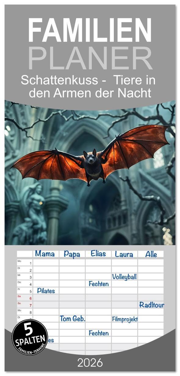 Familienplaner 2026 - Schattenkuss - Tiere in den Armen der Nacht mit 5 Spalten (Wandkalender, 21 x 45 cm) CALVENDO: Eine Welt voller Magie und Mystic ... Gothic- und Fantasy-Stils (CALVENDO Kunst) Natural Sciences