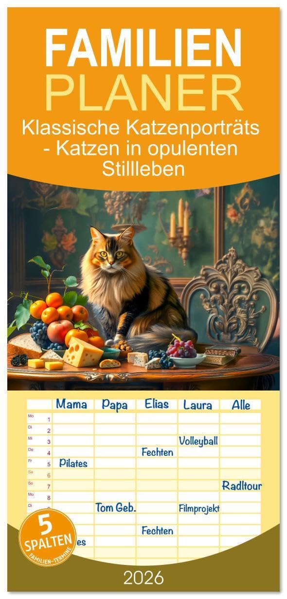 Familienplaner 2026 - Klassische Katzenporträts - Katzen in opulenten Stillleben mit 5 Spalten (Wandkalender, 21 x 45 cm) CALVENDO: Prachtvolle ... Stillleben-Kompositionen (CALVENDO Tiere) Social Sciences
