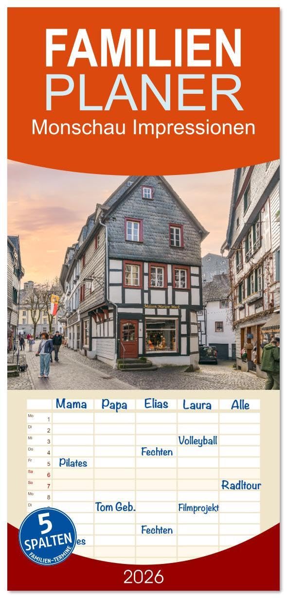 Familienplaner 2026 - Monschau Impressionen mit 5 Spalten (Wandkalender, 21 x 45 cm) CALVENDO: Entdecke die malerische Schönheit von Monschau - wo ... jeden Besucher verzaubert! (CALVENDO Orte) Leisure, Home & Garden