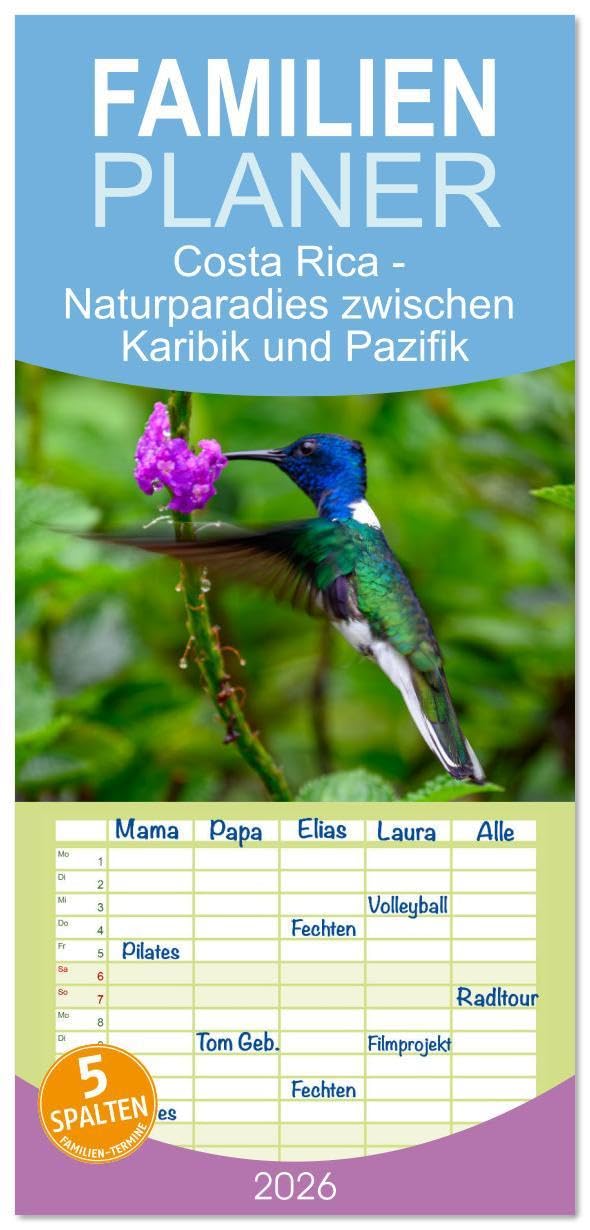 Familienplaner 2026 - Costa Rica - Naturparadies zwischen Karibik und Pazifik mit 5 Spalten (Wandkalender, 21 x 45 cm) CALVENDO: Schöne Tieraufnahmen ... und seinen Nationalparks (CALVENDO Tiere) Film, Art & Culture
