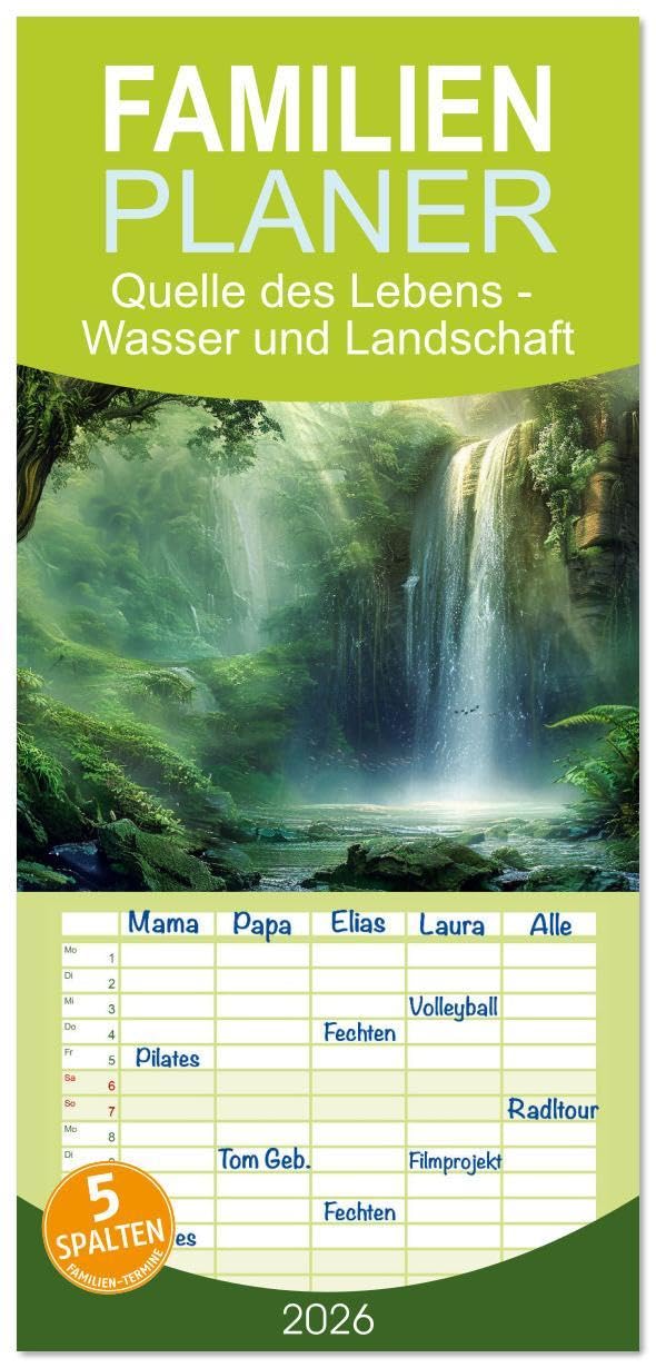 Familienplaner 2026 - Quelle des Lebens - Wasser und Landschaft mit 5 Spalten (Wandkalender, 21 x 45 cm) CALVENDO: Die Künstlerin entführt Sie in beeindruckende Wasserlandschaften! (CALVENDO Natur) Film, Art & Culture