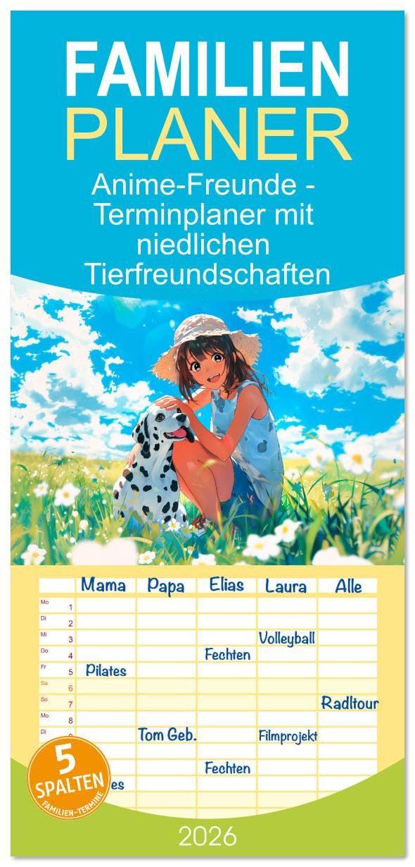 Familienplaner 2026 - Anime-Freunde - Terminplaner mit niedlichen Tierfreundschaften mit 5 Spalten (Wandkalender, 21 x 45 cm) CALVENDO: KI Anime-Abenteuer mit Hunden und Katzen (CALVENDO Menschen) Social Sciences