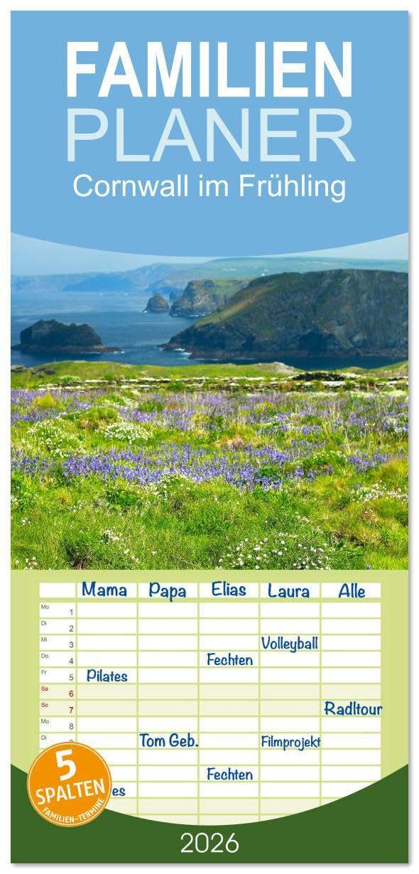 Familienplaner 2026 - Cornwall im Frühling mit 5 Spalten (Wandkalender, 21 x 45 cm) CALVENDO: Eine bildgewaltige Reise durch das frühlingshafte Cornwall (CALVENDO Natur) Calendars