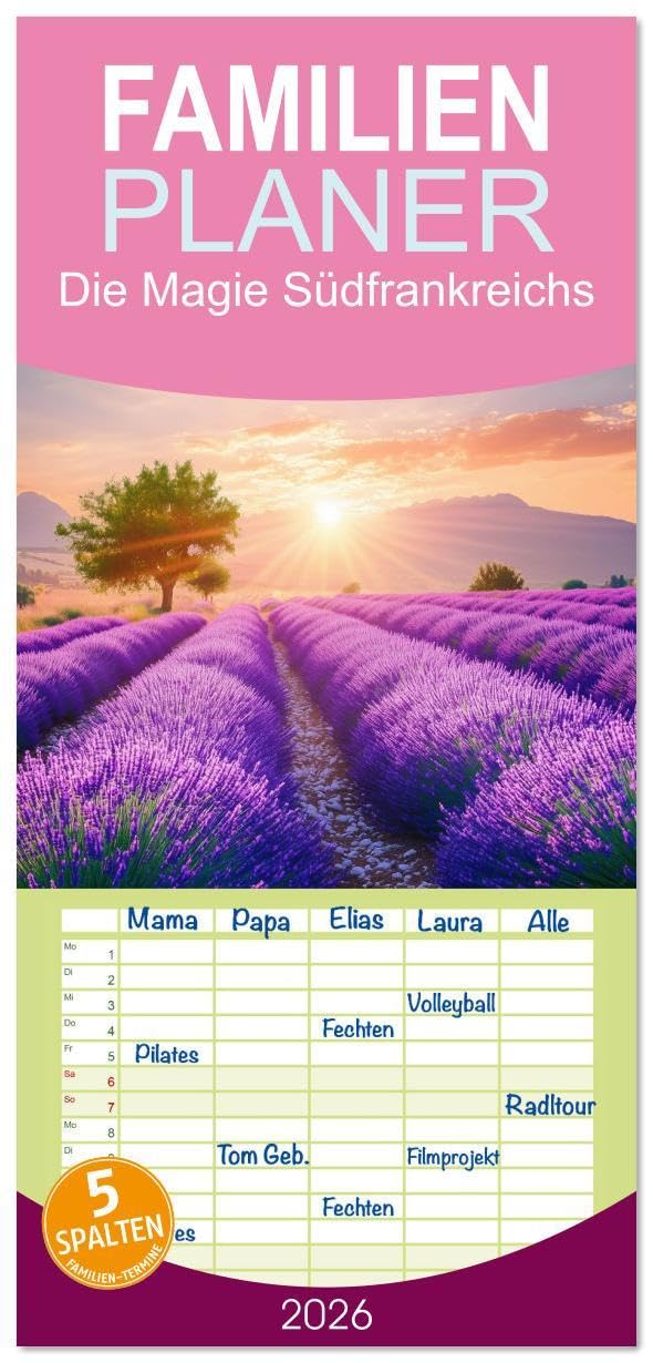 Familienplaner 2026 - Die Magie Südfrankreichs mit 5 Spalten (Wandkalender, 21 x 45 cm) CALVENDO: Von den leuchtenden Lavendelfeldern der Provence ... mit seiner Vielfalt. (CALVENDO Orte) Garden & Plants