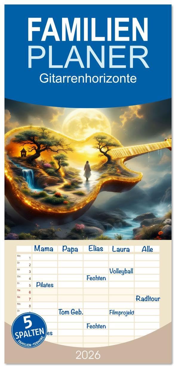 Familienplaner 2026 - Gitarrenhorizonte mit 5 Spalten (Wandkalender, 21 x 45 cm) CALVENDO: Eine Reise durch klangvolle Landschaften. (CALVENDO Natur) Film, Art & Culture