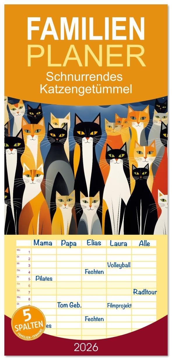 Familienplaner 2026 - Schnurrendes Katzengetümmel mit 5 Spalten (Wandkalender, 21 x 45 cm) CALVENDO: Humorvolle Darstellungen farbenfroher Miezekatzen ... kunstvoll in Szene gesetzt (CALVENDO Kunst) Living & Furnishing