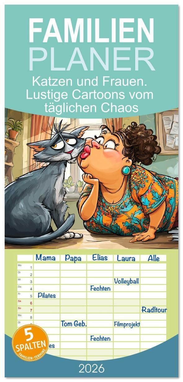 Familienplaner 2026 - Katzen und Frauen. Lustige Cartoons vom täglichen Chaos mit 5 Spalten (Wandkalender, 21 x 45 cm) CALVENDO: Witzige Szenen aus ... und voller Überraschungen (CALVENDO Tiere) Living & Furnishing