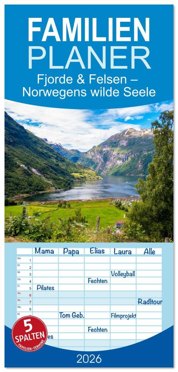 Familienplaner 2026 - Fjorde & Felsen – Norwegens wilde Seele mit 5 Spalten (Wandkalender, 21 x 45 cm) CALVENDO: Der Kalender entführt Sie in den ... eindrucksvollen Wasserfällen. (CALVENDO Orte) Leisure, Home & Garden