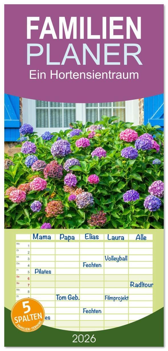 Familienplaner 2026 - Ein Hortensientraum mit 5 Spalten (Wandkalender, 21 x 45 cm) CALVENDO: Die außergewöhnlichen Hortensienblüten sind die Farbtupfer in der Normandie. (CALVENDO Orte) Leisure, Home & Garden