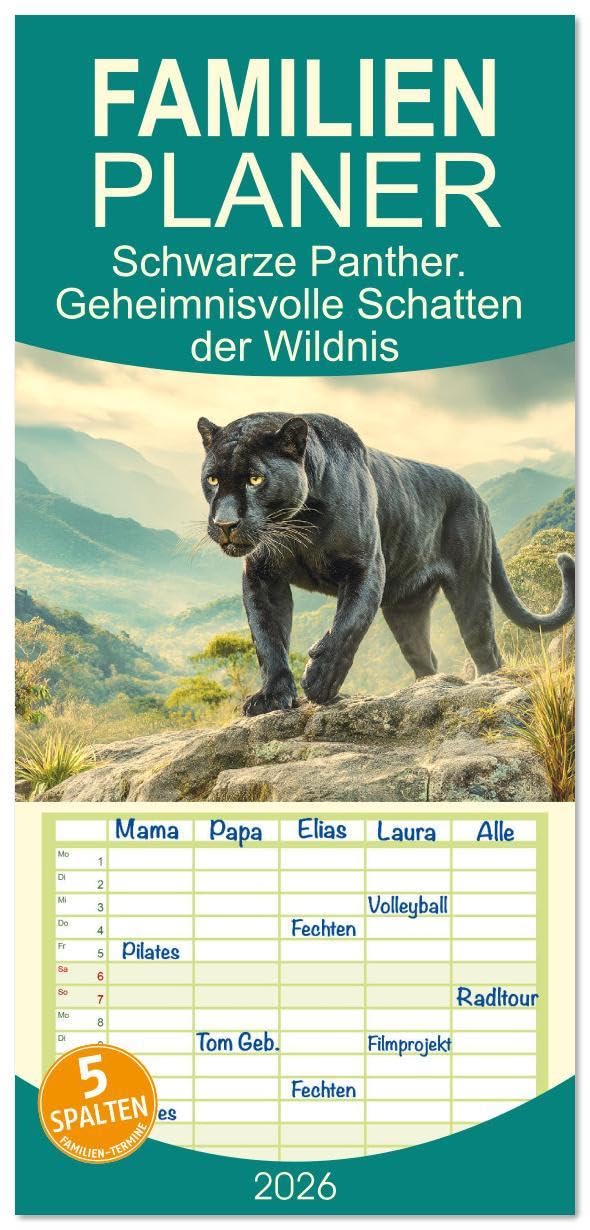 Familienplaner 2026 - Schwarze Panther. Geheimnisvolle Schatten der Wildnis mit 5 Spalten (Wandkalender, 21 x 45 cm) CALVENDO: Die mystische Schönheit ... Kraft schwarzer Raubkatzen (CALVENDO Tiere) Living & Furnishing
