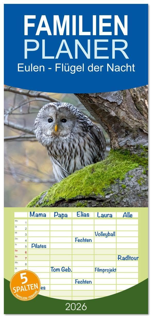 Familienplaner 2026 - Eulen - Flügel der Nacht mit 5 Spalten (Wandkalender, 21 x 45 cm) CALVENDO: Die geheimnisvollen Nachtschwärmer der Tierwelt (CALVENDO Tiere) Living & Furnishing