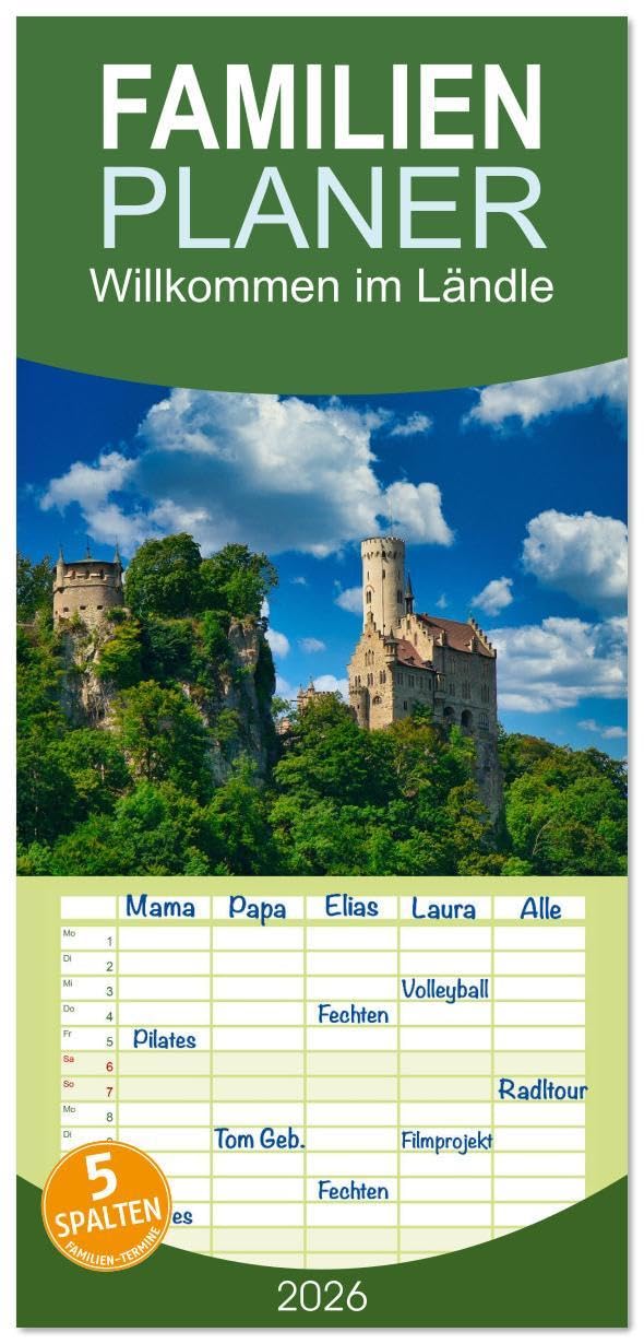 Familienplaner 2026 - Willkommen im Ländle mit 5 Spalten (Wandkalender, 21 x 45 cm) CALVENDO: Eine Bilderreise durch das Schwabenland (CALVENDO Orte) Calendars