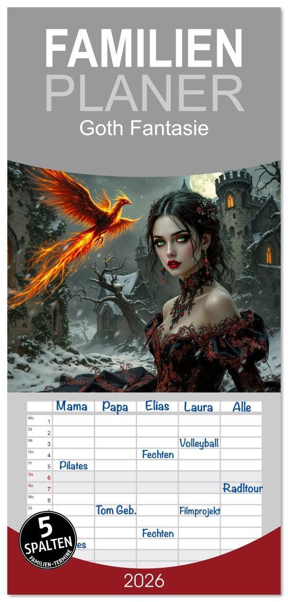 Familienplaner 2026 - Goth Fantasie mit 5 Spalten (Wandkalender, 21 x 45 cm) CALVENDO: Fantasiebilder von Gothic Schönheiten (CALVENDO Menschen) Leisure, Home & Garden