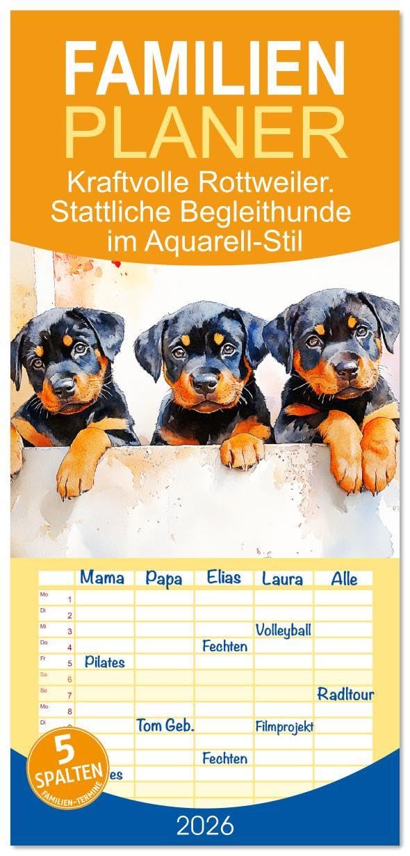 Familienplaner 2026 - Kraftvolle Rottweiler. Stattliche Begleithunde im Aquarell-Stil mit 5 Spalten (Wandkalender, 21 x 45 cm) CALVENDO: Die Kraft, ... in tollen Illustrationen (CALVENDO Tiere) Film, Art & Culture