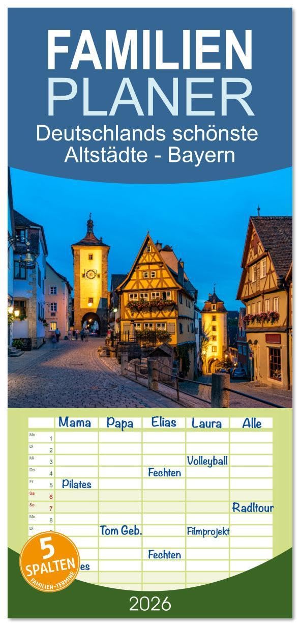 Familienplaner 2026 - Deutschlands schönste Altstädte - Bayern mit 5 Spalten (Wandkalender, 21 x 45 cm) CALVENDO: 12 Monate mit faszinierenden historischen Altstädten in Bayern (CALVENDO Orte) Leisure, Home & Garden