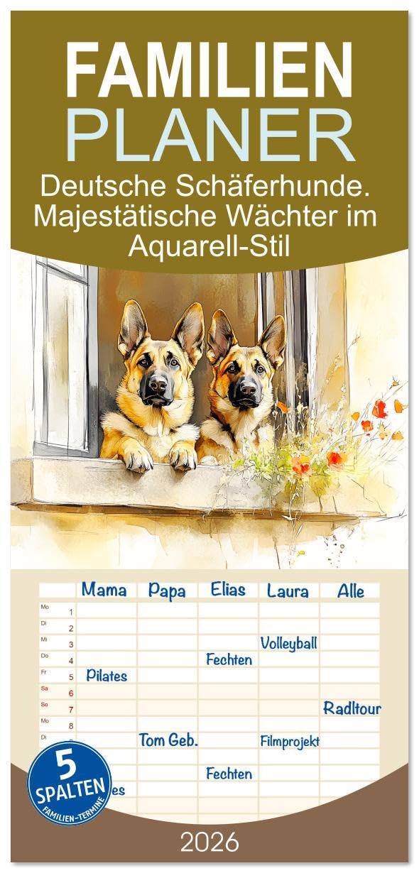 Familienplaner 2026 - Deutsche Schäferhunde. Majestätische Wächter im Aquarell-Stil mit 5 Spalten (Wandkalender, 21 x 45 cm) CALVENDO: Die ... in kunstvollen Bildern (CALVENDO Tiere) Social Sciences