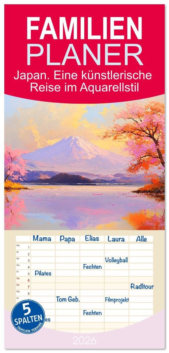 Familienplaner 2026 - Japan. Eine künstlerische Reise im Aquarellstil mit 5 Spalten (Wandkalender, 21 x 45 cm) CALVENDO: Impressionen aus dem Land der aufgehenden Sonne (CALVENDO Kunst) Living & Furnishing