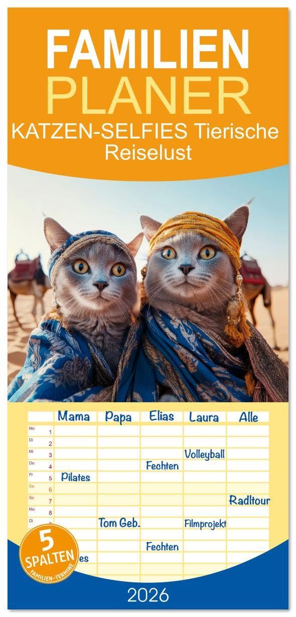 Familienplaner 2026 - KATZEN-SELFIES Tierische Reiselust mit 5 Spalten (Wandkalender, 21 x 45 cm) CALVENDO: Fellknäuel erkunden die Welt (CALVENDO Tiere) Living & Furnishing