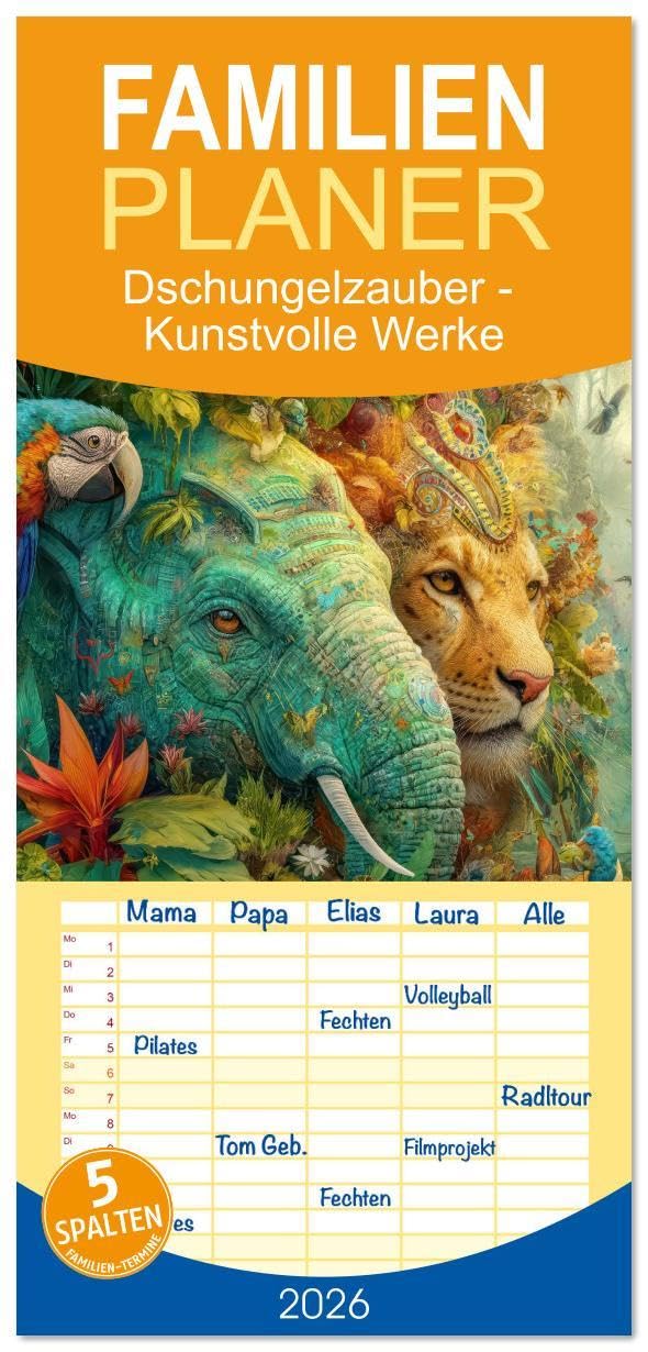 Familienplaner 2026 - Dschungelzauber - Kunstvolle Werke mit 5 Spalten (Wandkalender, 21 x 45 cm) CALVENDO: Tiere im Dschungel entdecken Leisure, Home & Garden