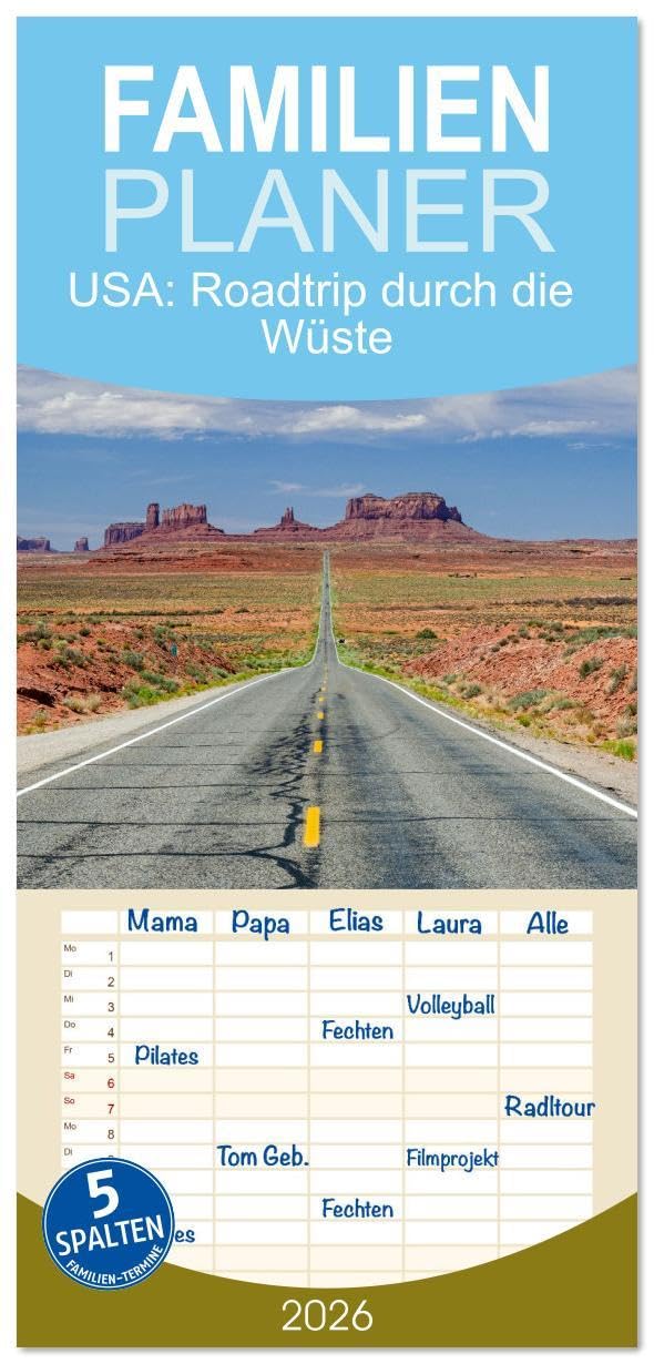 Familienplaner 2026 - USA: Roadtrip durch die Wüste mit 5 Spalten (Wandkalender, 21 x 45 cm) CALVENDO: Faszination Wüstenlandschaft – unterwegs im Südwesten der USA (CALVENDO Orte) Leisure, Home & Garden