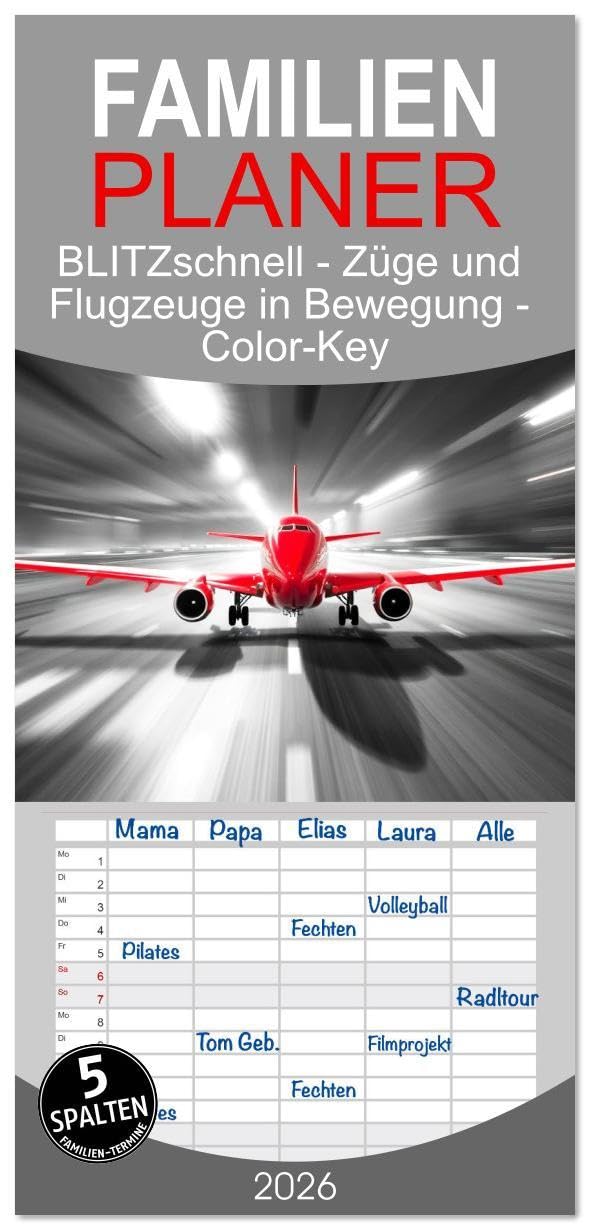Familienplaner 2026 - BLITZschnell - Züge und Flugzeuge in Bewegung - Color-Key mit 5 Spalten (Wandkalender, 21 x 45 cm) CALVENDO: Züge und Flugzeuge ... durch Color-Key. (CALVENDO Mobilitaet) Photography