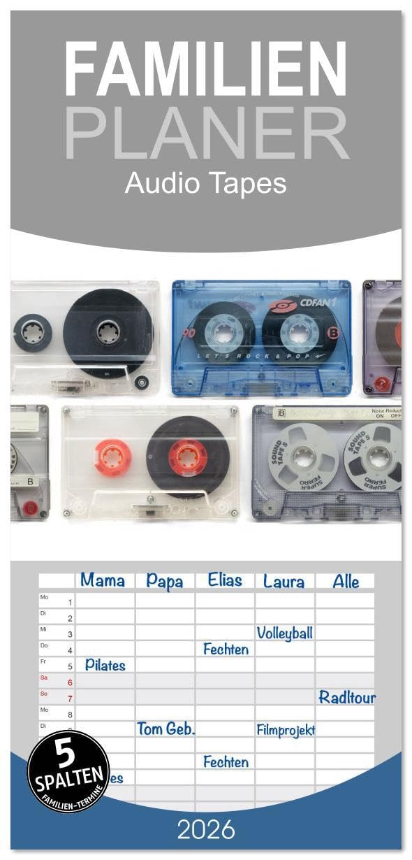 Familienplaner 2026 - Audio Tapes mit 5 Spalten (Wandkalender, 21 x 45 cm) CALVENDO: Audio Kompakt-Kassetten Nostalgie (CALVENDO Kunst) Leisure, Home & Garden