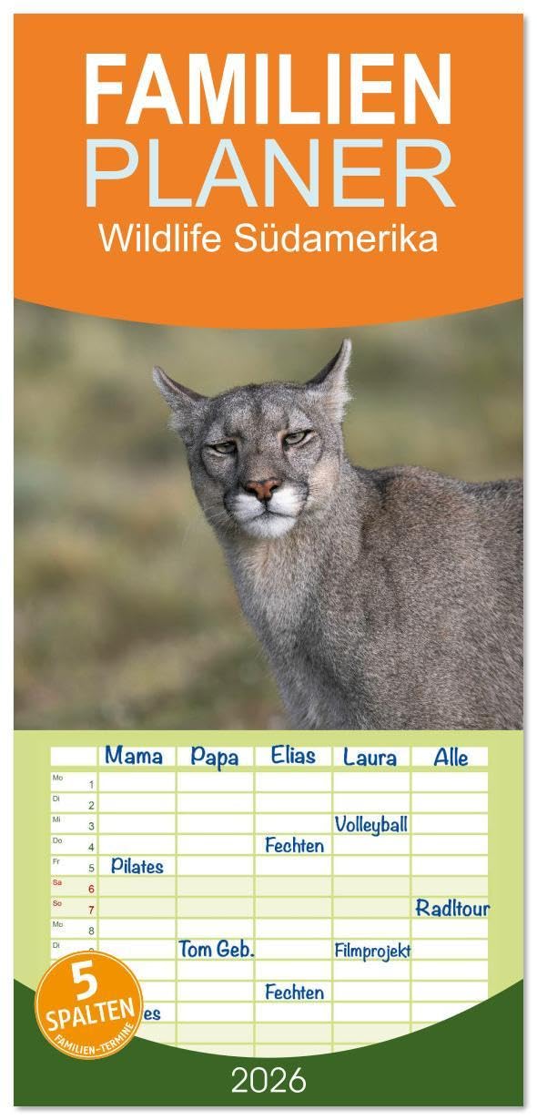 Familienplaner 2026 - Wildlife Südamerika mit 5 Spalten (Wandkalender, 21 x 45 cm) CALVENDO: Mit Pumas, Guanakos und Kondoren durchs Jahr. (CALVENDO Orte) Leisure, Home & Garden