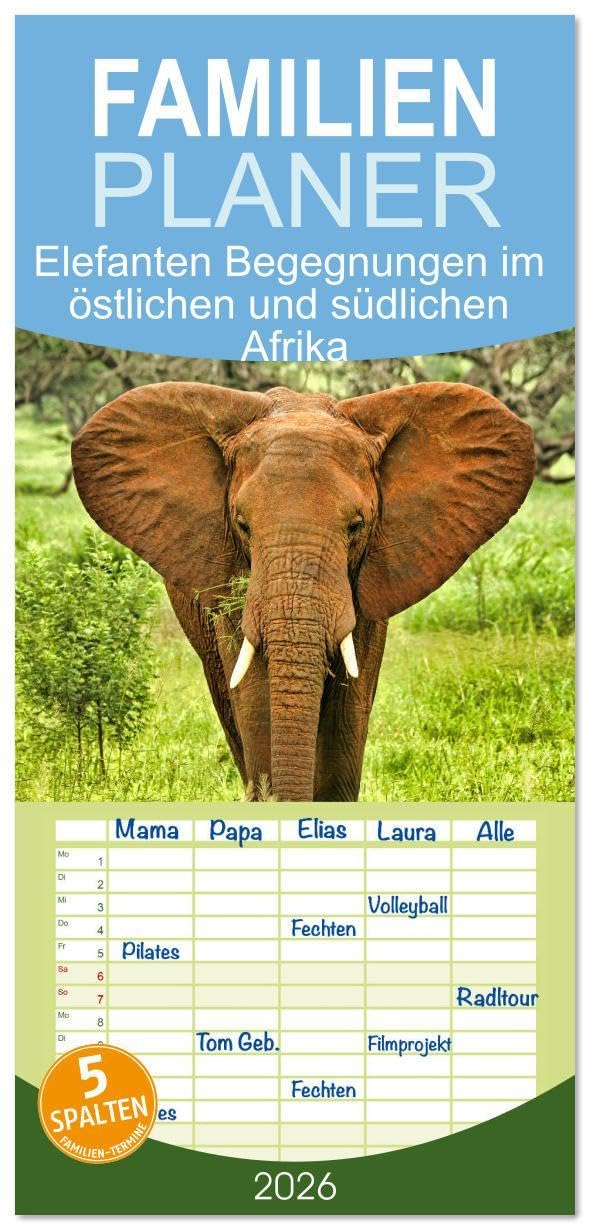Familienplaner 2026 - Elefanten Begegnungen im östlichen und südlichen Afrika mit 5 Spalten (Wandkalender, 21 x 45 cm) CALVENDO: Elefanten Begegnungen ... und südlichen Afrika (CALVENDO Tiere) Natural Sciences