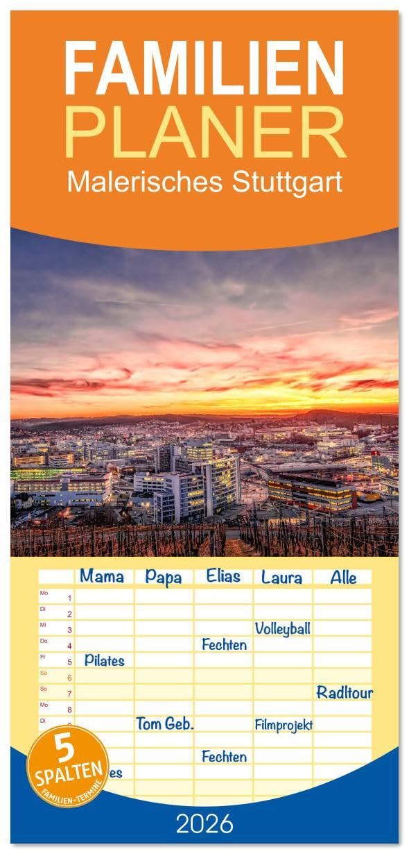 Familienplaner 2026 - Malerisches Stuttgart mit 5 Spalten (Wandkalender, 21 x 45 cm) CALVENDO: Stuttgarts schönste Seiten im Jahreslauf (CALVENDO Orte) Calendars