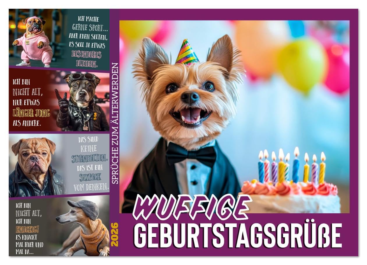 Wuffige Geburtstagsgrüße SPRÜCHE ZUM ÄLTERWERDEN (Wandkalender 2026 DIN A2 quer), CALVENDO Monatskalender Living & Furnishing