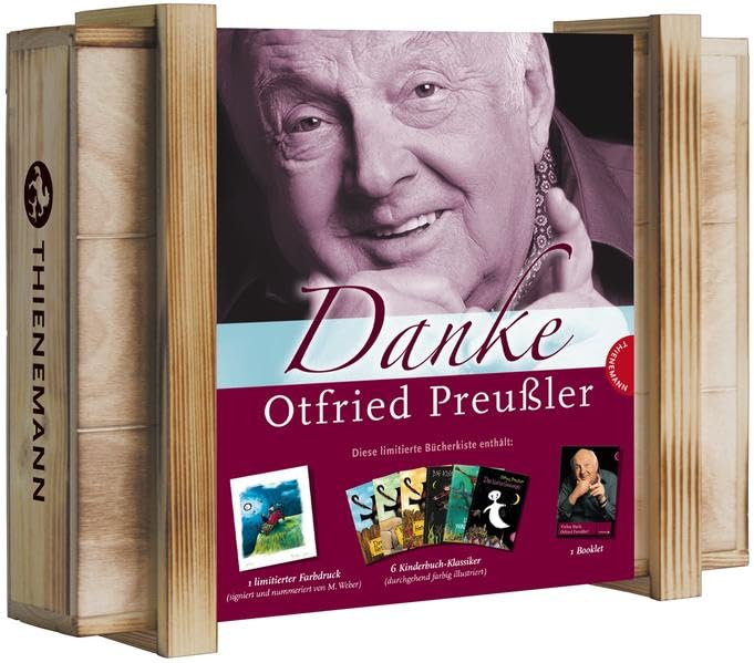 Limitierte Holzkiste Danke Otfried Preußler, 6 kolorierte Bücher im großen Format plus 1 von M. Weber handsignierter + nummerierter Druck plus 1 Booklet über OP Novels & Short Stories