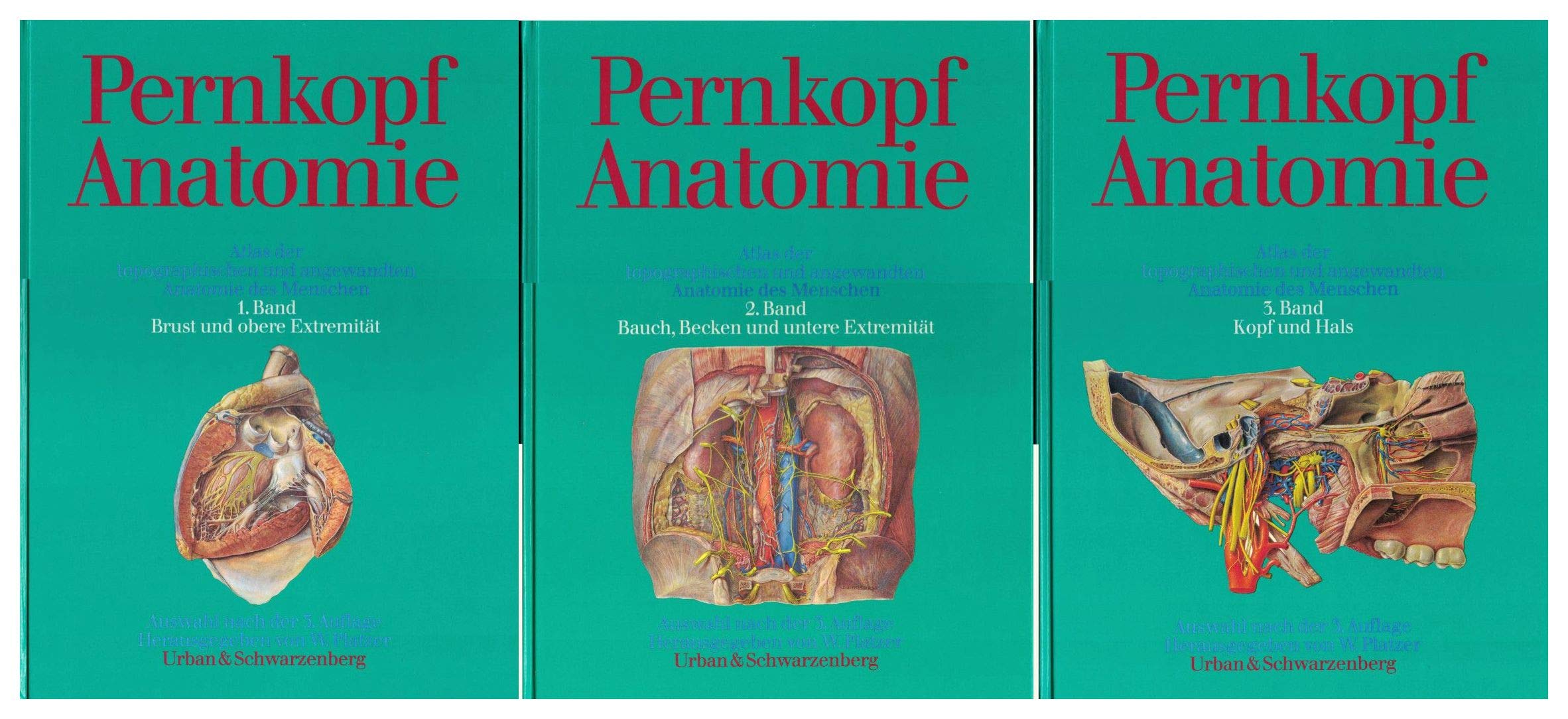 Pernkopf Anatomie. Atlas der topographischen und angewandten Anatomie des Menschen: 1. Band Brust und obere Extremität, 2.Band Bauch, Becken und untere Extremität, 3.Band Kopf und Hals Books
