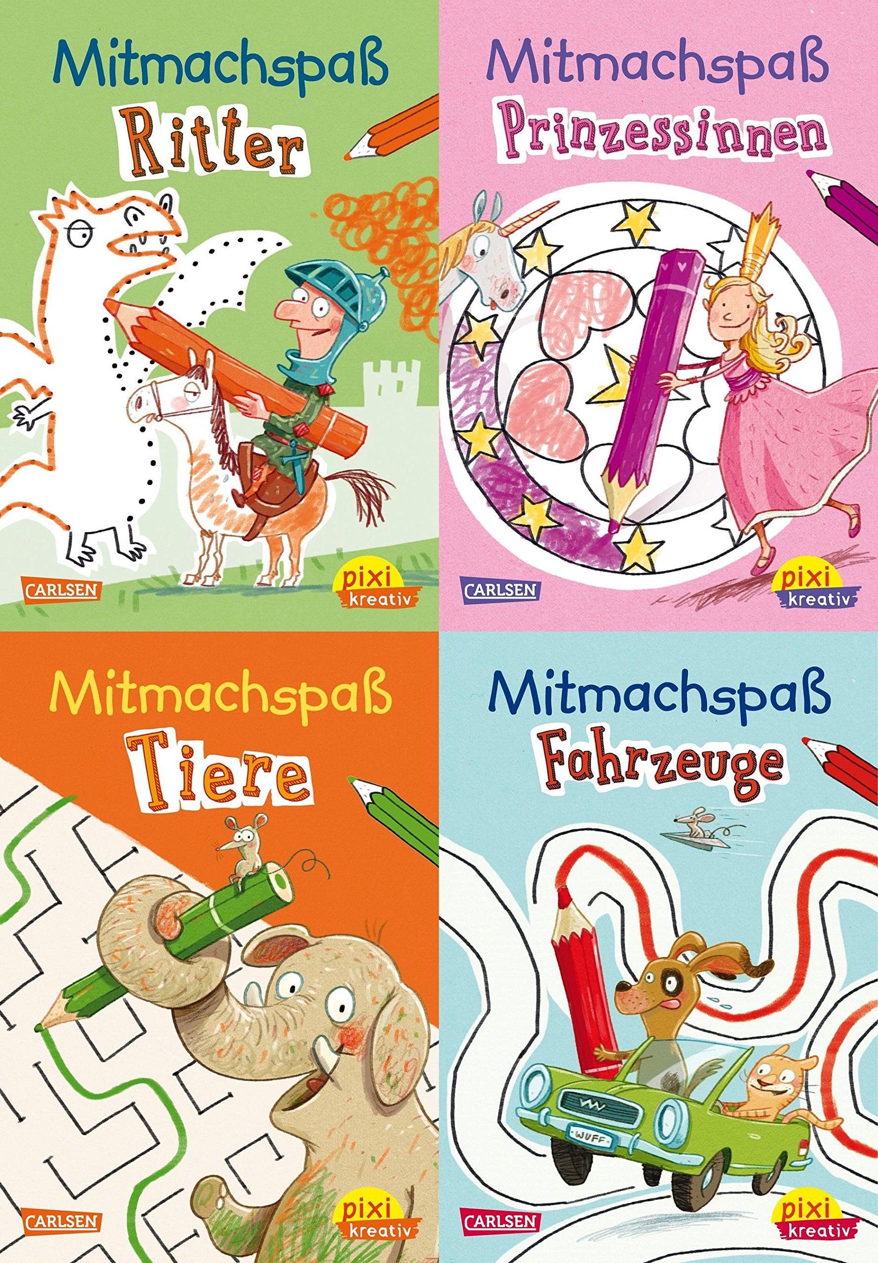 Lustiger Mitmachspaß für unterwegs (4x1 Exemplar): Mitmachspaß Ritter; Mitmachspaß Prinzessinnen; Mitmachspaß Tiere; Mitmachspaß Fahrzeuge (Pixi kreativ 4er-Set) Non-fiction