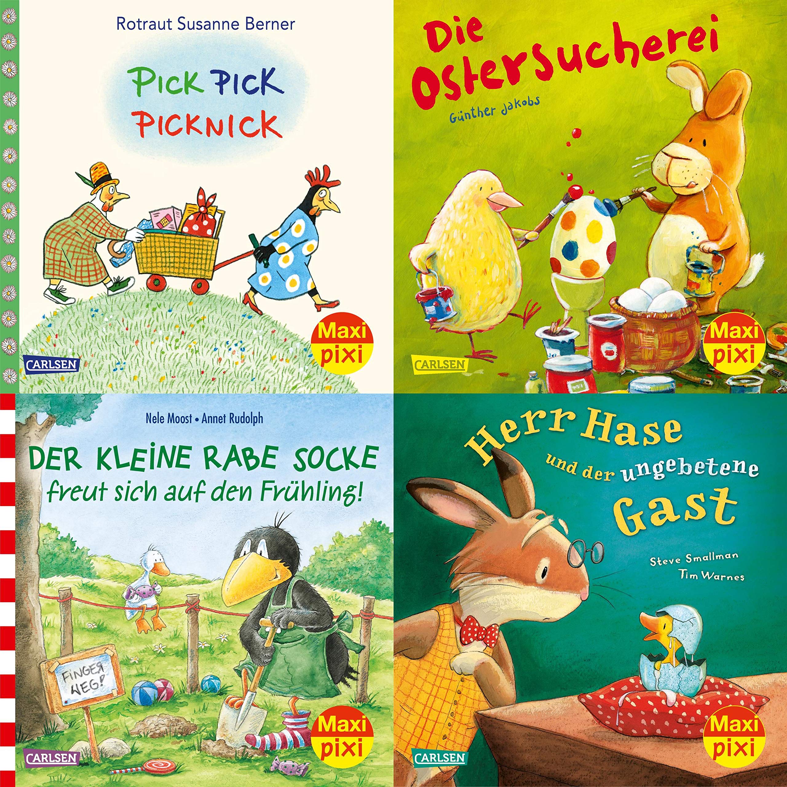 Maxi-Pixi-4er-Set 69: Frühlingszeit bei Maxi Pixi (4x1 Exemplar) (69): Pick Pick Picknick; Die Ostersucherei; Der kleine Rabe Socke freut sich auf den Frühling!; Herr Hase und der ungebetene Gast Novels & Short Stories