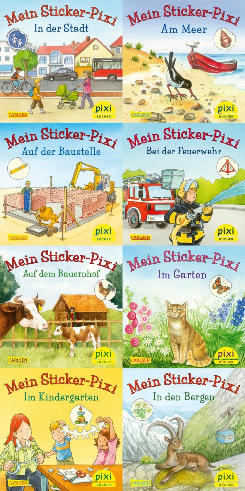 Pixi-8er-Set 199: Meine Sticker-Pixis (8x1 Exemplar) (199): In der Stadt; Am Meer; Auf der Baustelle; Bei der Feuerwehr; Auf dem Bauernhof; Im Garten; Im Kindergarten; In den Bergen Non-fiction