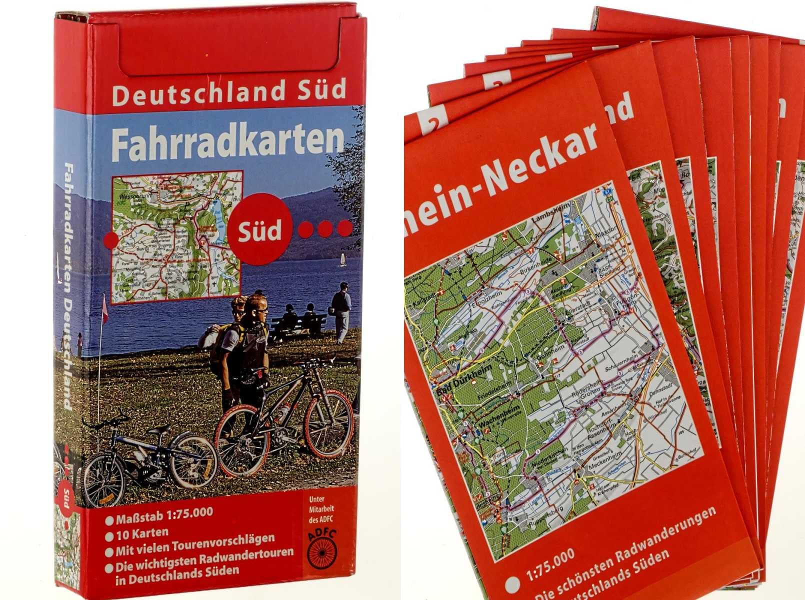 Deutschland Süd. 10 Fahrradkarten. Unter Mitarbeit des ADFC. Köln, Naumann & Göbel, 1994. Gr.-8°. 10 Karten. in Pappkassette. Books