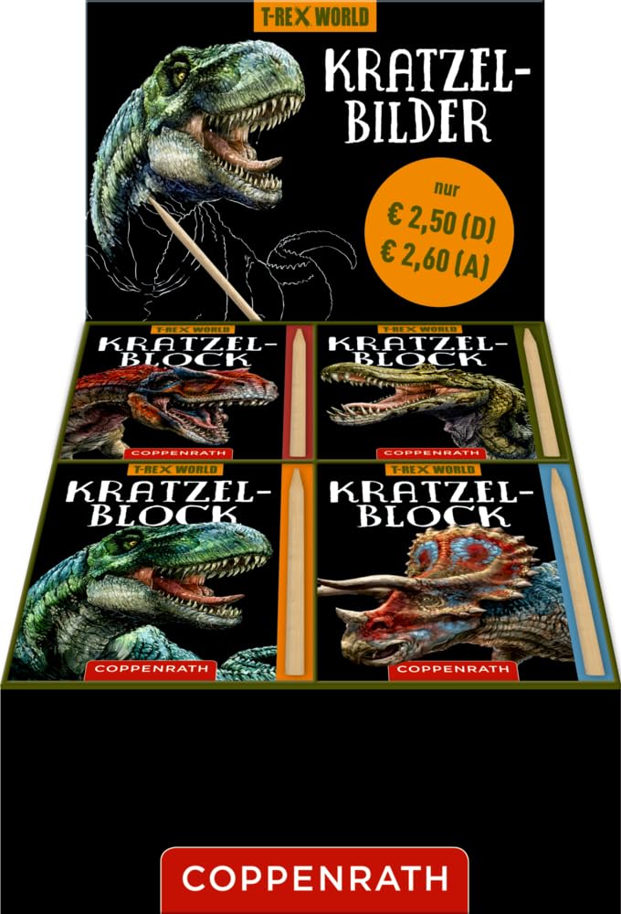 Kratzelbilder (T-Rex World): T-Rex/Spinosaurus/Allosaurus/Triceratops. Mini-Blöcke zum Ausmalen und Auskratzeln, Auswahl eines Exemplars aus 4 ... zum Ausmalen und Auskratzeln, für Kinder Tiptoi & Games