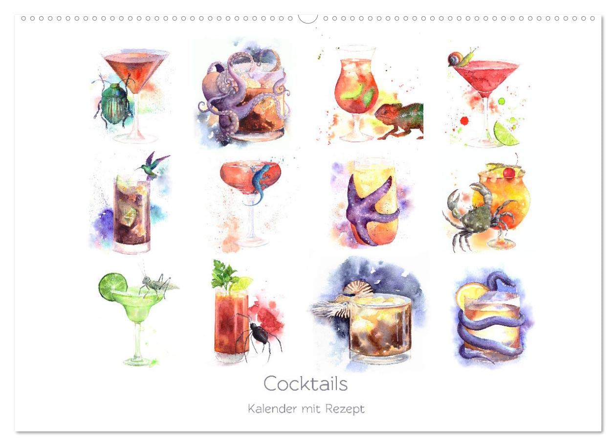 Cocktails Kalender mit Rezept (Wandkalender immerwährend DIN A2 quer): Originelle Aquarellillustrationen von Julia Gavrilova (Monatskalender, 14 Seiten ) (CALVENDO Lifestyle) Film, Art & Culture