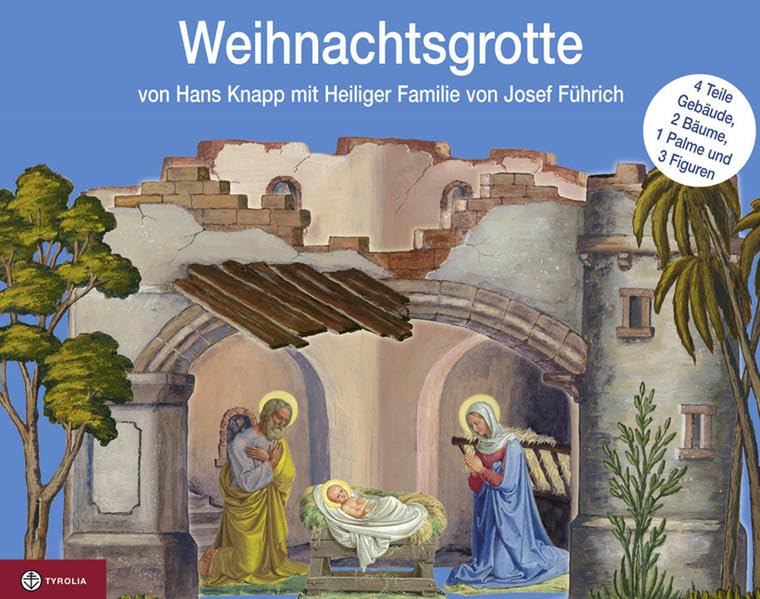 Weihnachtsgrotte: Original-Papier-Weihnachtsgrotte von Hans Knapp mit Heiliger Familie von Josef Führich. Weihnachtsgrotte (4 Teile), 3 Bäume, Maria, Joseph und Kind in der Krippe zum Ausschneiden Film, Art & Culture