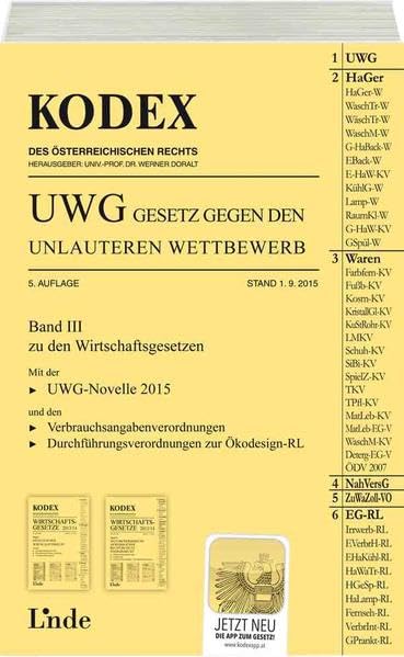 KODEX UWG Gesetz gegen den unlauteren Wettbewerb 2015/16: Band III zu den Wirtschaftsgesetzen (Kodex Wirtschaftsgesetze) Law