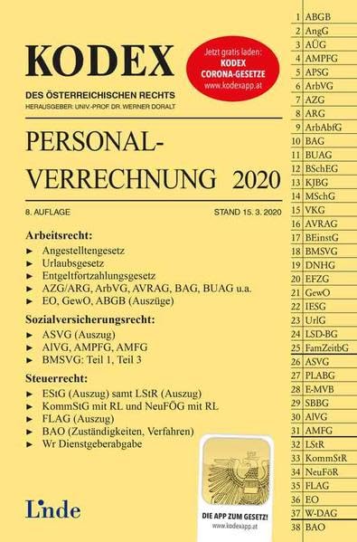 KODEX Personalverrechnung 2020: Arbeitsrecht, Sozialversicherungsrecht, Steuerrecht. Mit der App zum Gesetz! (Kodex des Österreichischen Rechts) Law