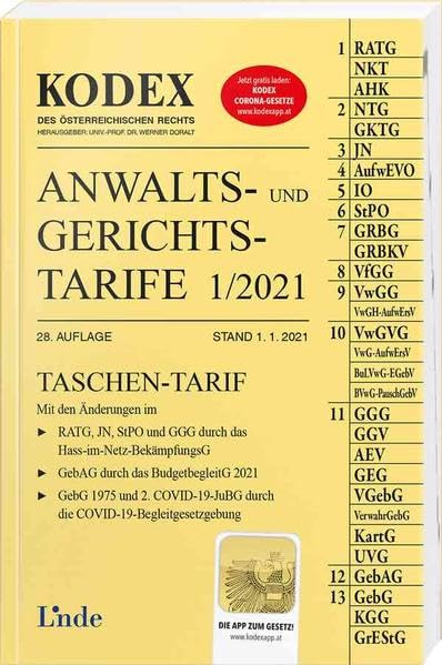 KODEX Anwalts- und Gerichtstarife 1/2021: Taschen-Tarif. Mit der App zum Gesetz (Kodex des Österreichischen Rechts) Law