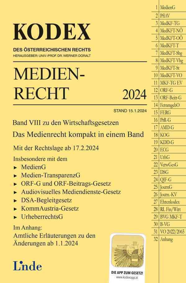 KODEX Medienrecht 2024: Wirtschaftsgesetze Band VIII (Kodex Wirtschaftsgesetze) Law