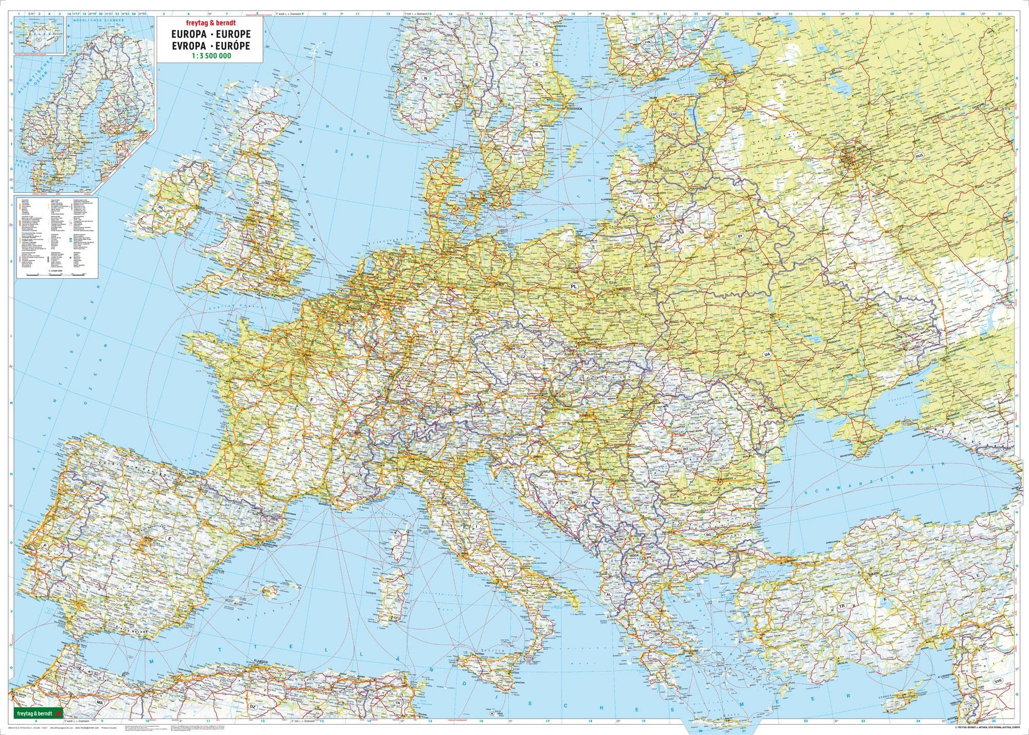 Europa physisch, Straßenkarte 1:3.500.000, Poster, freytag & berndt: 126 x 89,5 cm, physische Europakarte (freytag & berndt Poster + Markiertafeln) Leisure, Home & Garden