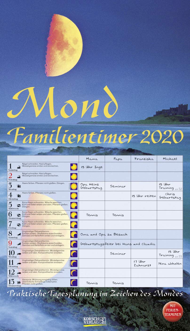 Mond-Familientimer 2020: Familienplaner, 4 Spalten - Praktische Tagesplanung mit der Kraft des Mondes. Großer astrologischer Wandkalender mit Ferienterminen und Mondphasen. 27 x 48 cm Lifestyle