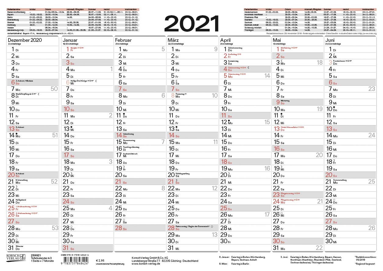 Tafelkalender A3 2021: 14 Monate auf Vorder- und Rückseite I Ferientermine und Feiertage Leisure, Home & Garden
