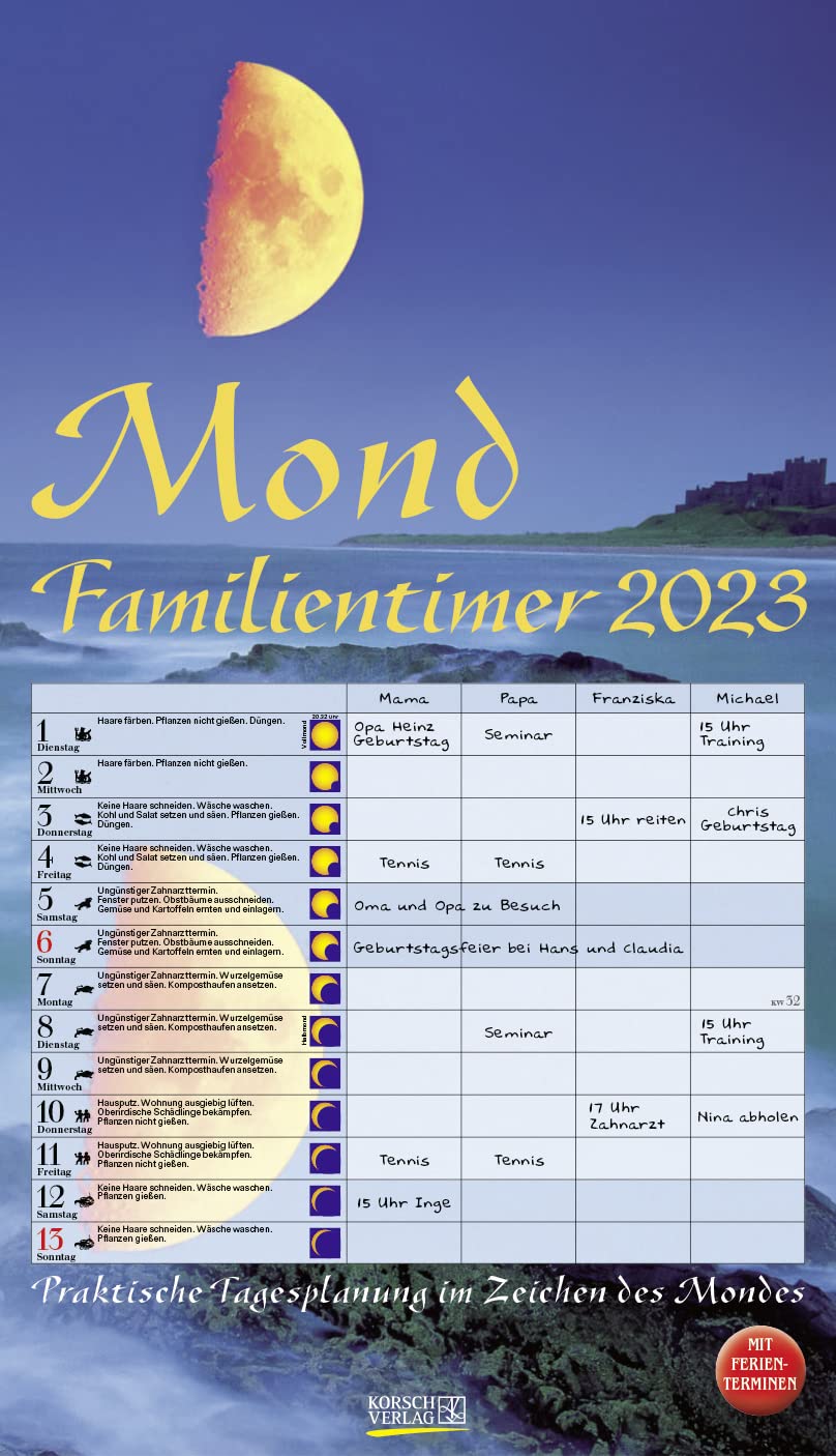 Mond-Familientimer 2023: Familienplaner, 4 Spalten - Praktische Tagesplanung mit der Kraft des Mondes. Großer astrologischer Wandkalender mit Ferienterminen und Mondphasen. 27 x 48 cm Lifestyle