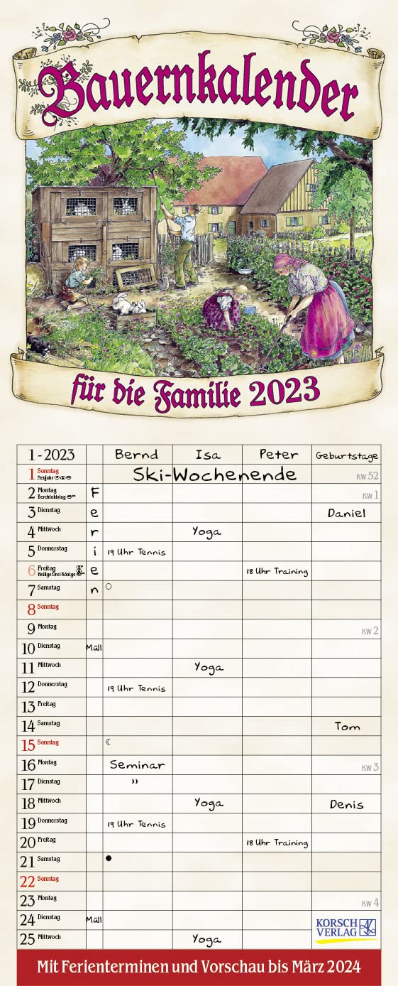 Bauernkalender 2023: Familienplaner - 4 große Spalten mit viel Platz. Hochwertiger Familienkalender mit netten Bildern, Ferienterminen und Vorschau bis März 2024. 19 x 47 cm. book